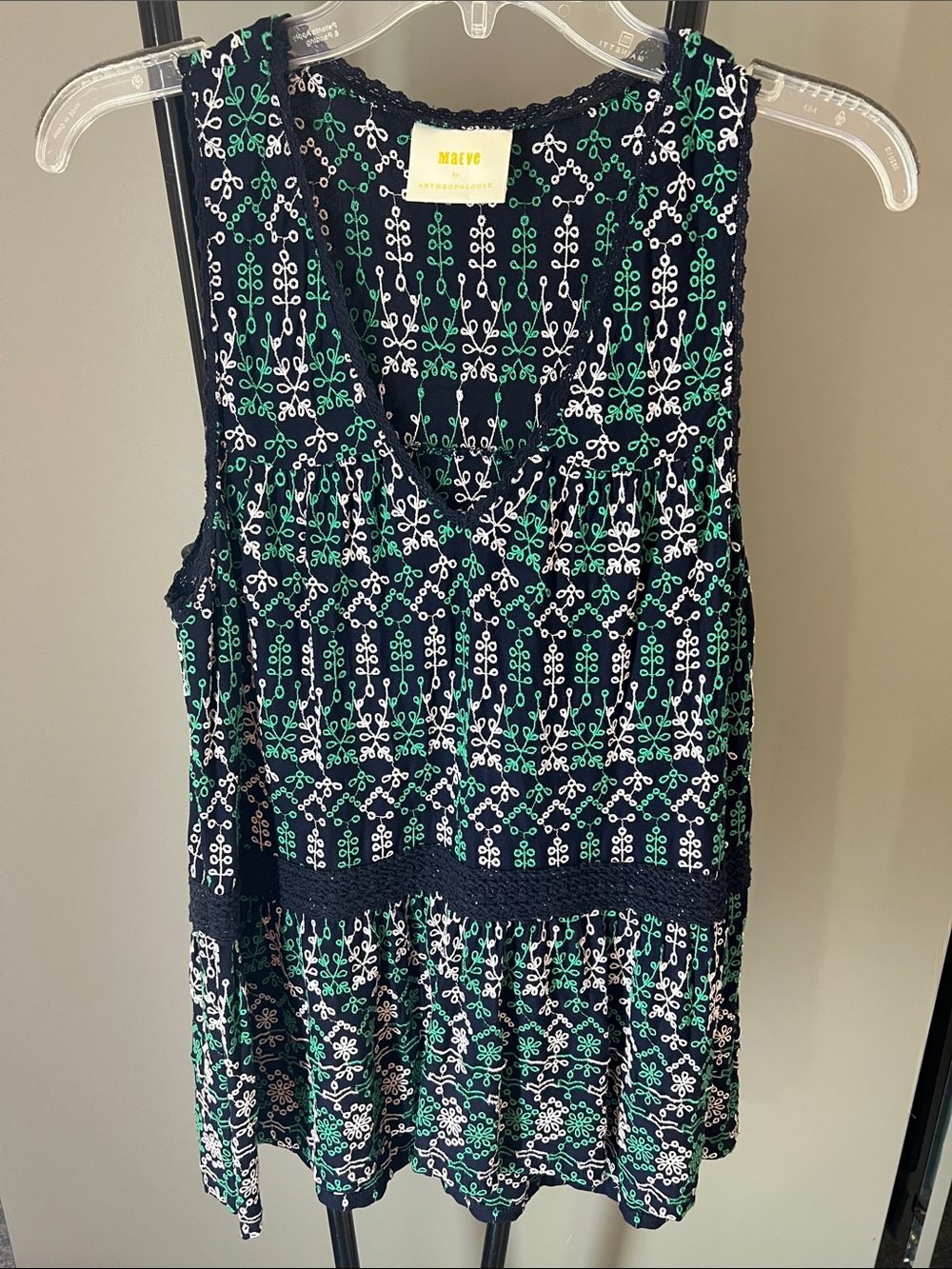 Maeve Navy Blue Tank Top with Green and White Floral Embroidery